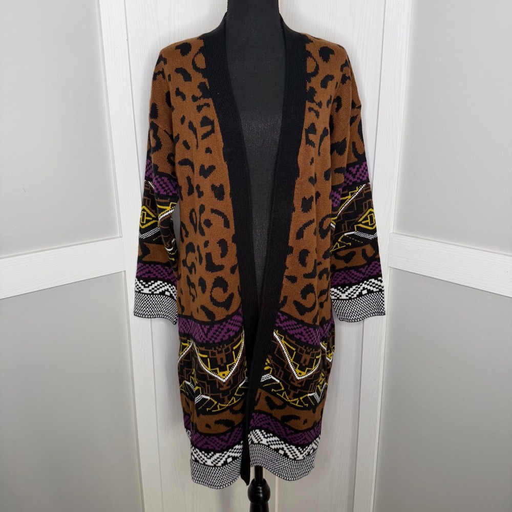 Zim & Zoe Coatigan Women Size 16 Nutmeg Leopard Lori Animal Print Longline Knit